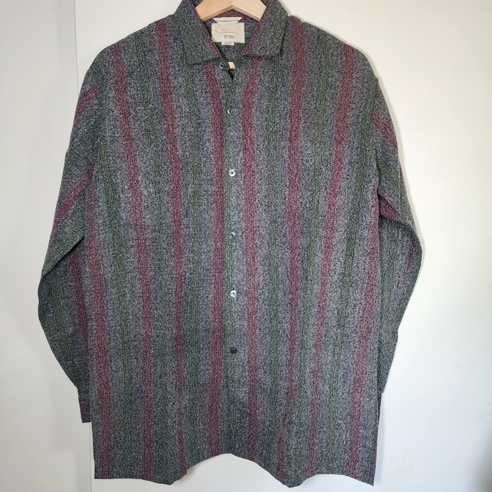 Sanders Button Down Shirt Mens Large Gray Red Green Excellent Vintage Striped